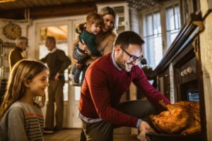 man-takes-turkey-from-the-oven-as-family-looks-on