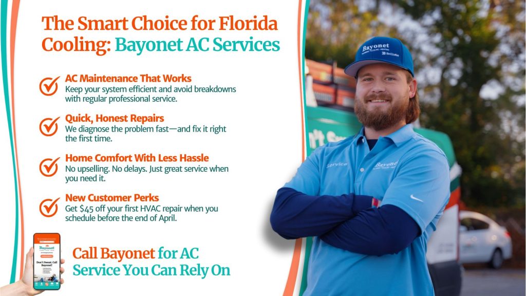 This is an image of a bayonet HVAC technician standing in front of his van the headline wreath the smart choice for Florida cooling: bayonet AC services.