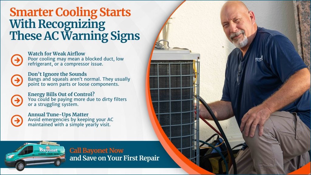 This is an image of a bayonet technician working on an AC unit. The headline rate smarter cooling starts with recognizing these warning signs.