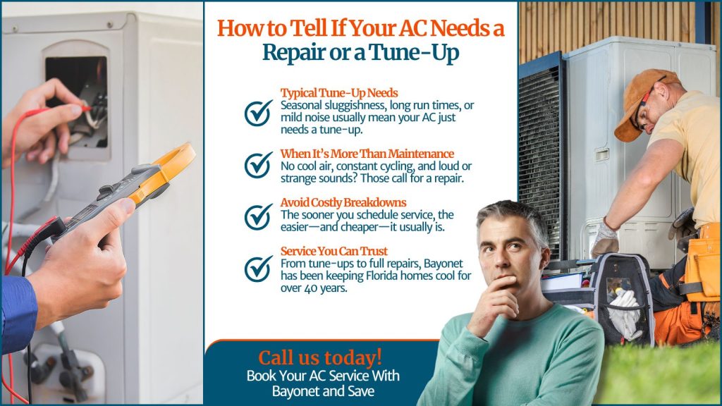 This is an image of a homeowner thinking the headline reads how to tell if you're AC needs a repair or a tuneup