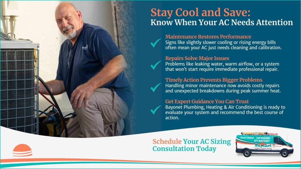 This is an image of a bayonet HVAC technician servicing and air-conditioning unit. The headline reads stay cool and safe know when your AC needs attention.