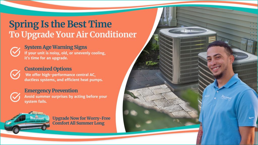This is an image of a Bazinet HVAC technician standing in front of two brand new AC units. The headline read spring is the best time to upgrade your air conditioner.