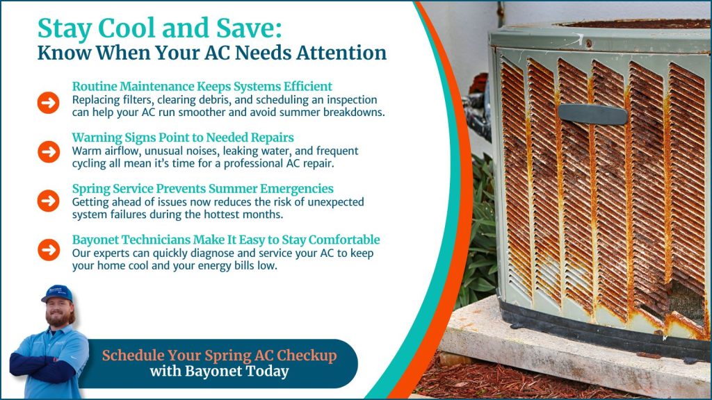 This is an image of an old rusty air-conditioning unit. The headline reads stay cool and save: know when your AC needs attention.