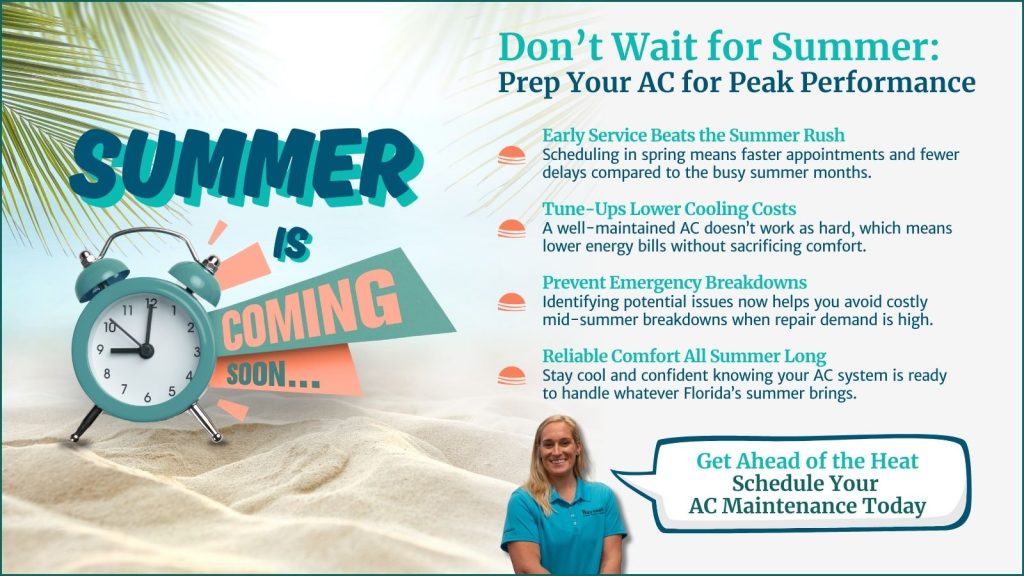 This is an image of an alarm clock sitting on a sandy beach. The text reads summer is coming soon the headline reads don't wait for summer: prep your AC for peak performance.