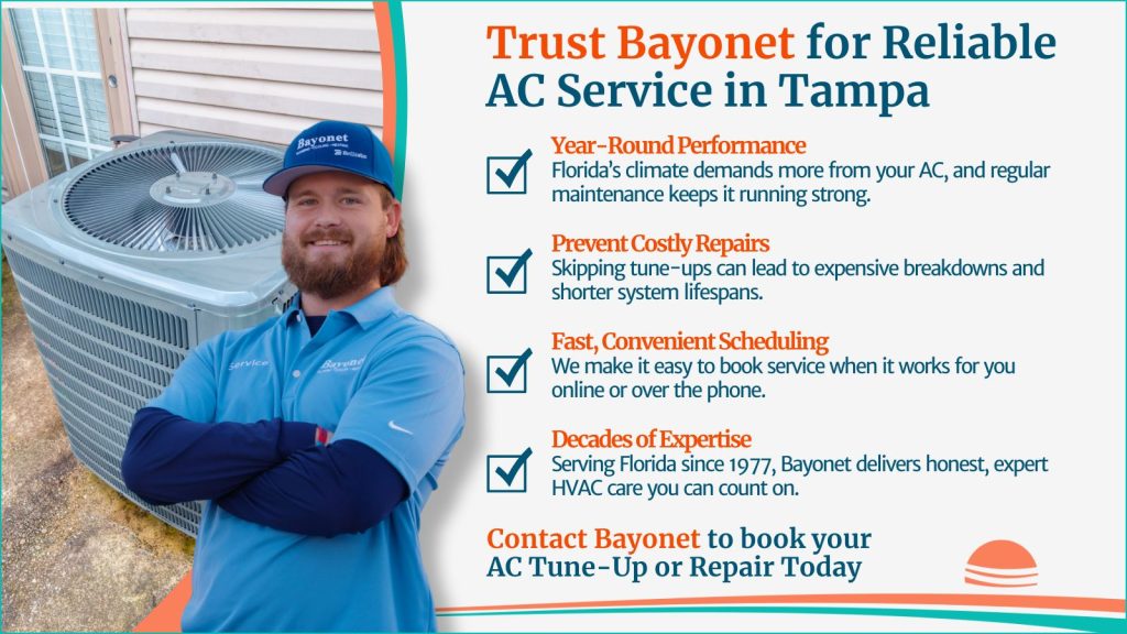 This is an image of a bayonet HVAC technician standing in front of a air-conditioning unit. The headline reads trust Bazinet for reliable AC service in Tampa.