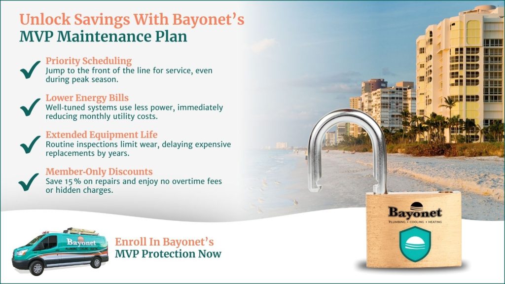 This is an image of a Florida background overlay on top of it is an unlocked padlock that says bayonet on it. The headline reads unlock savings with Burnett, MVP maintenance plan.