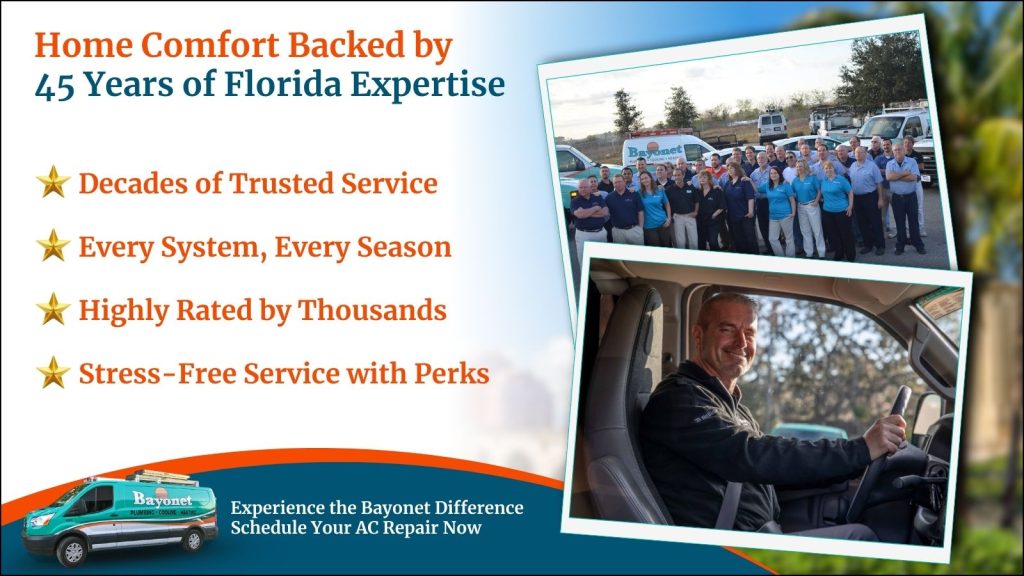 This is an image of two photographs of the Bayonet Family. The headline reads; Home comfort backed by 45 years of florida expertise.