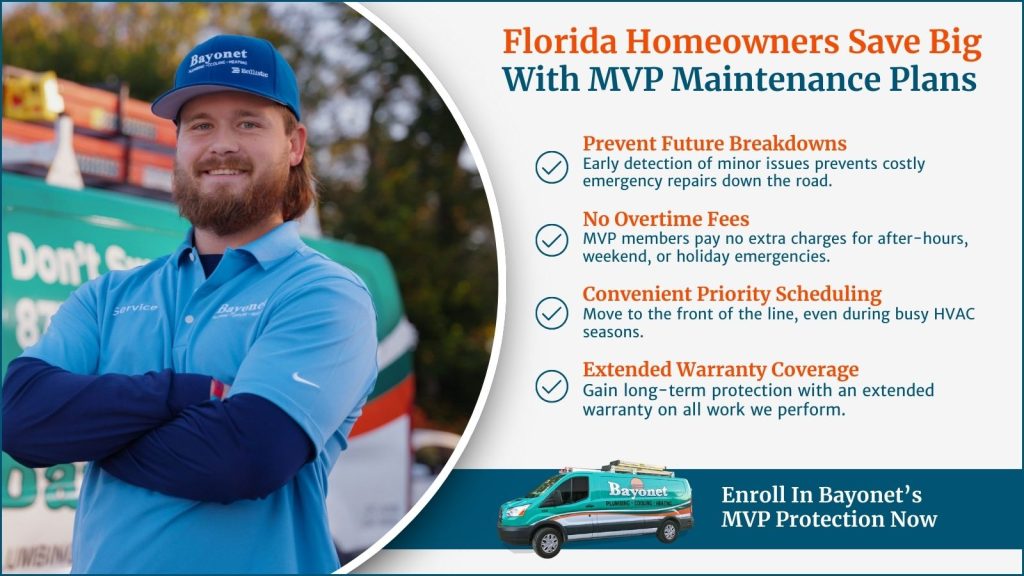 This is an image of an Bazinet HVAC technician in front of his truck. The headline reads Florida homeowners say big with MVP maintenance plans.