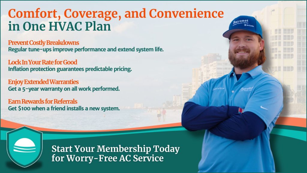 This is an image of a Bayonet HVAC tech. The headline reads; Comfort, Coverage, and Convenience in one HVAC plan.