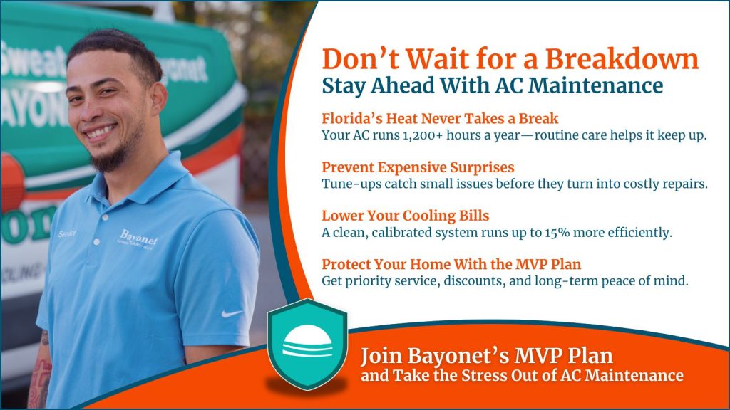 This is an image of a Burnett HVAC technician standing in front of his van. The headline reads don't wait for breakdowns. Stay ahead with AC maintenance.