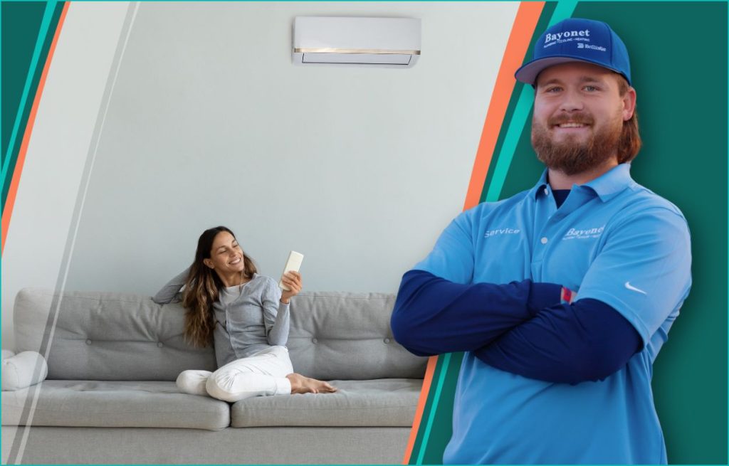 This is an image of a woman enjoying her air conditioning and bayonet HVAC technician standing in front