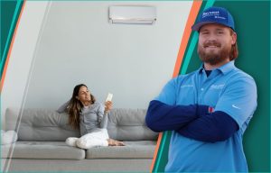 This is an image of a woman enjoying her air conditioning and bayonet HVAC technician standing in front