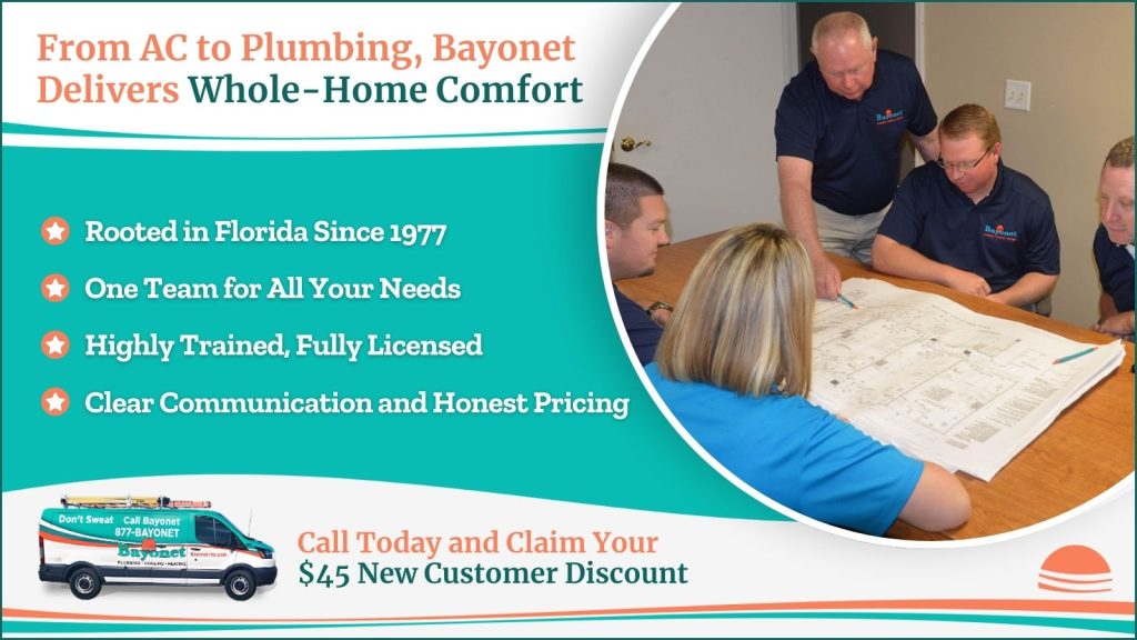 This is an image of the Bayonet team strategizing about a whole home comfort plan the headline reads from AC to plumbing, bayonet delivers whole-Home comfort