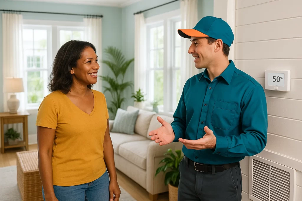 Homeowner learning about whole-house dehumidifier system in Florida living room.