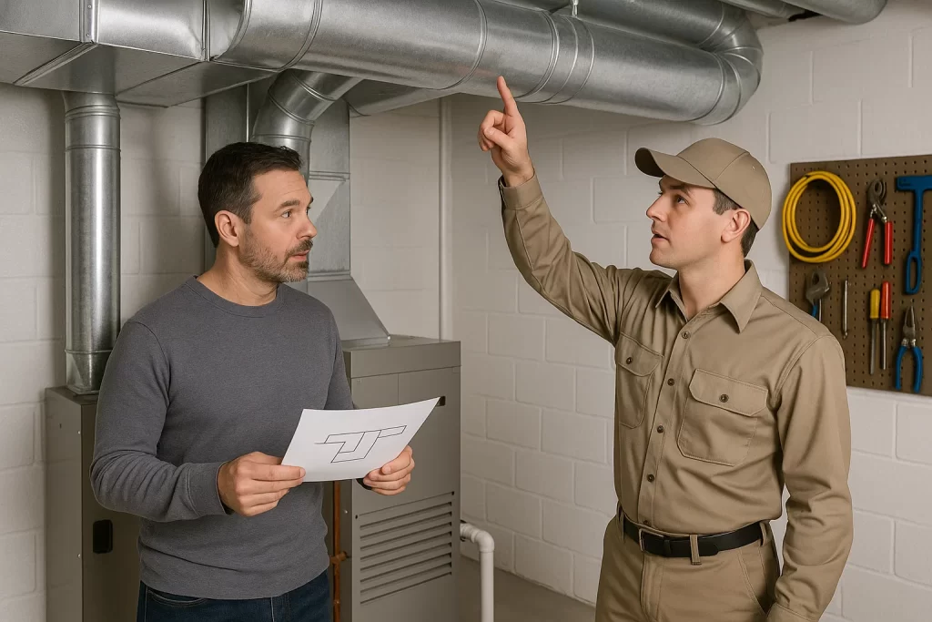 Homeowner and HVAC tech reviewing ductwork in utility room