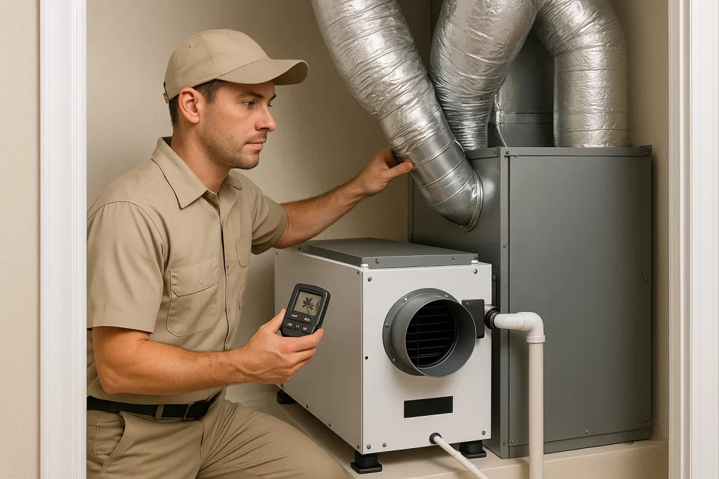 HVAC technician servicing whole‑home dehumidifier in Florida utility closet.
