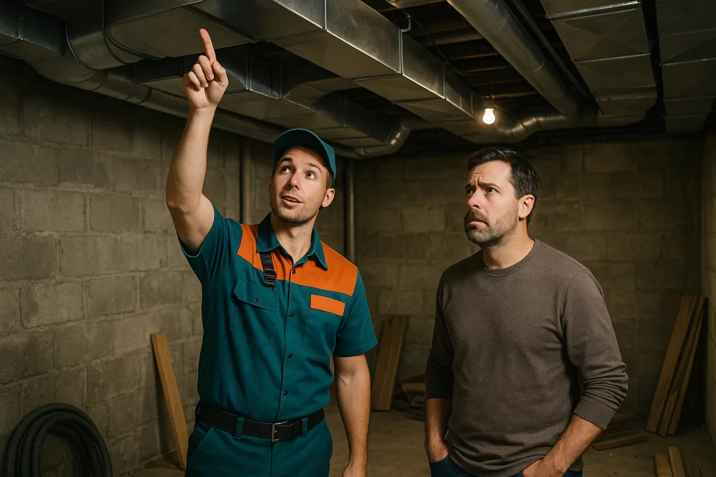 In an unfinished basement with exposed concrete walls and scattered construction materials, an HVAC technician in a teal and orange uniform stands confidently. He points upwards towards the intricate network of ductwork in the ceiling. The homeowner, standing beside him, looks up with a concerned expression, trying to understand the issue.