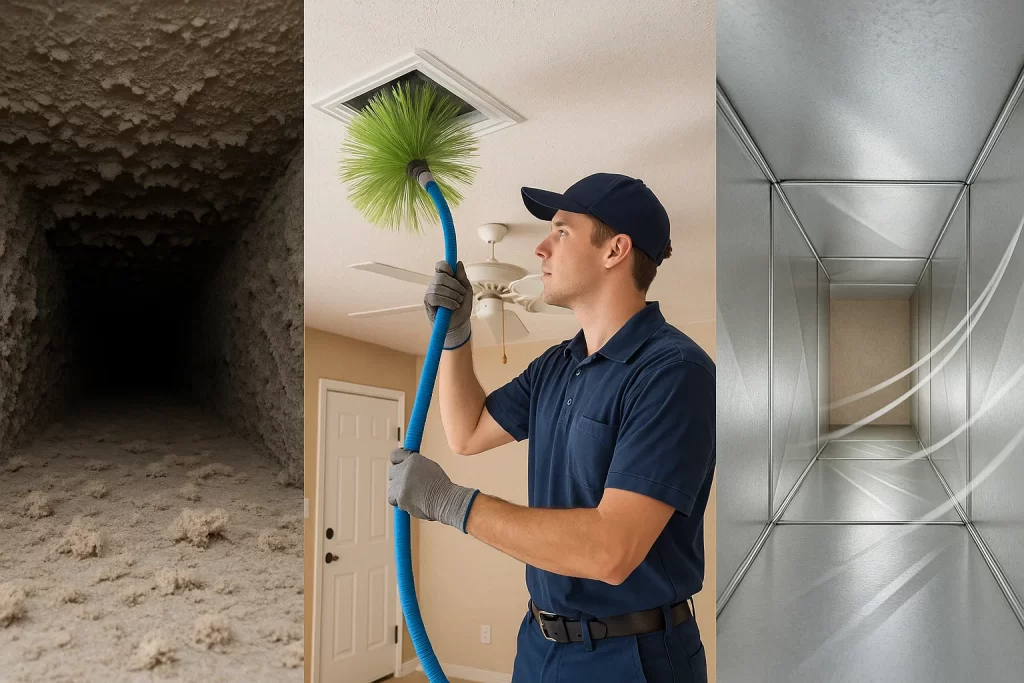 Before and after duct cleaning collage showing airflow and technician at work