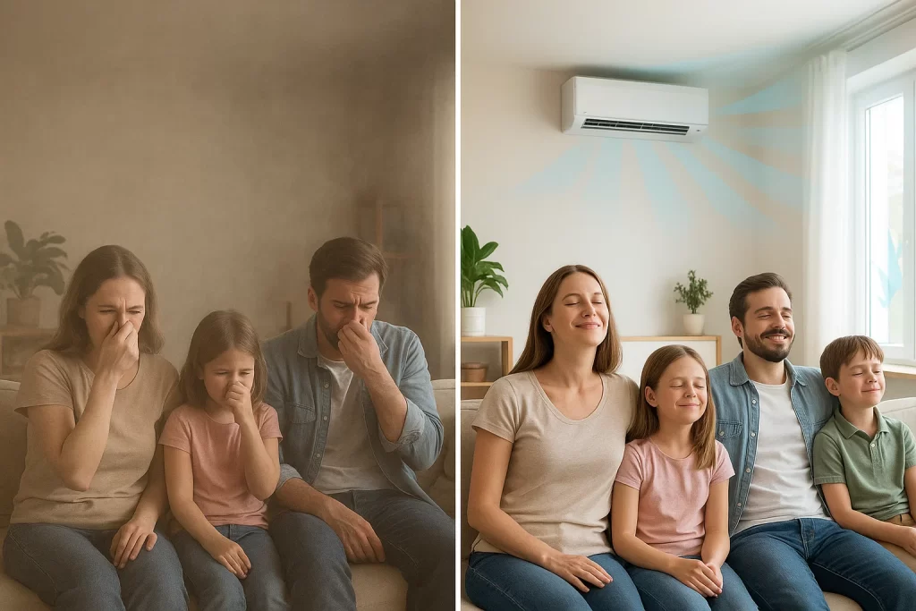 Before‑and‑after: allergic family vs comfortable home with clean air
