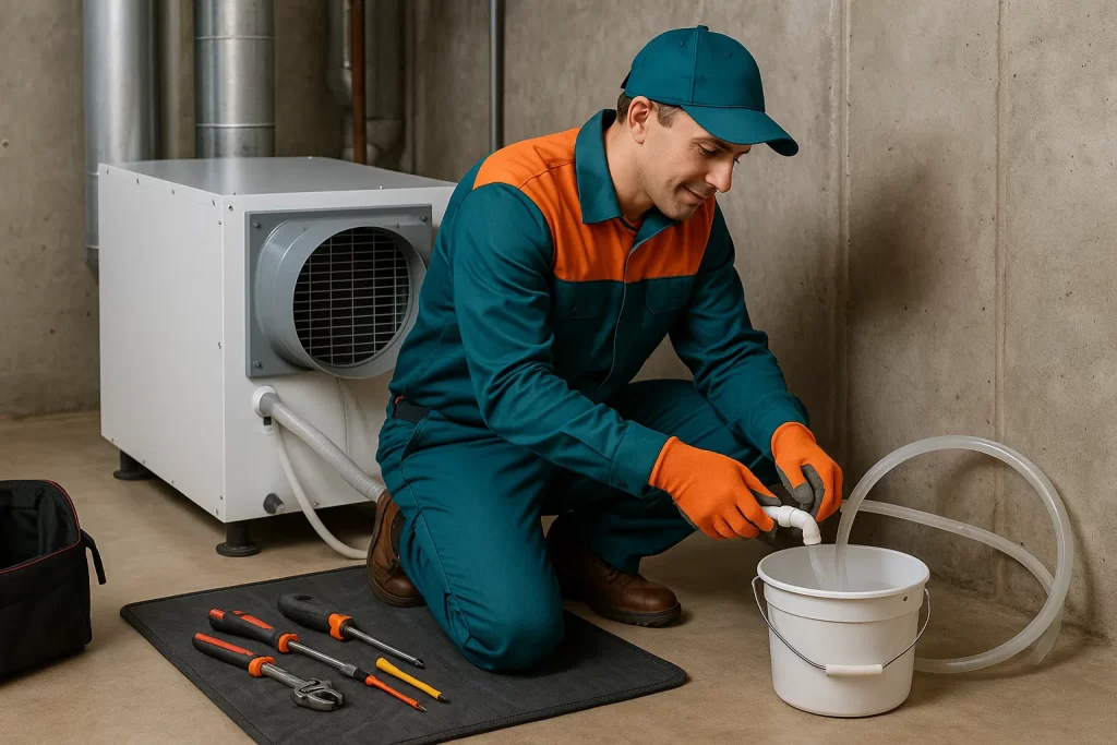 Technician installing drain lines on whole‑home dehumidifier in basement