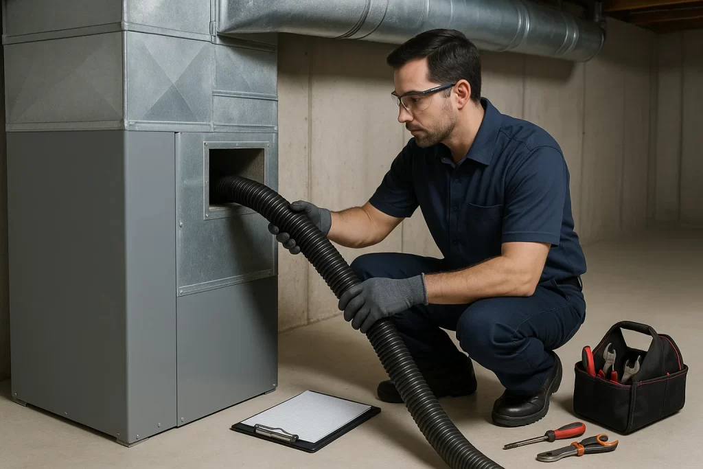 Technician deep-cleaning main trunk duct in basement with vacuum hose