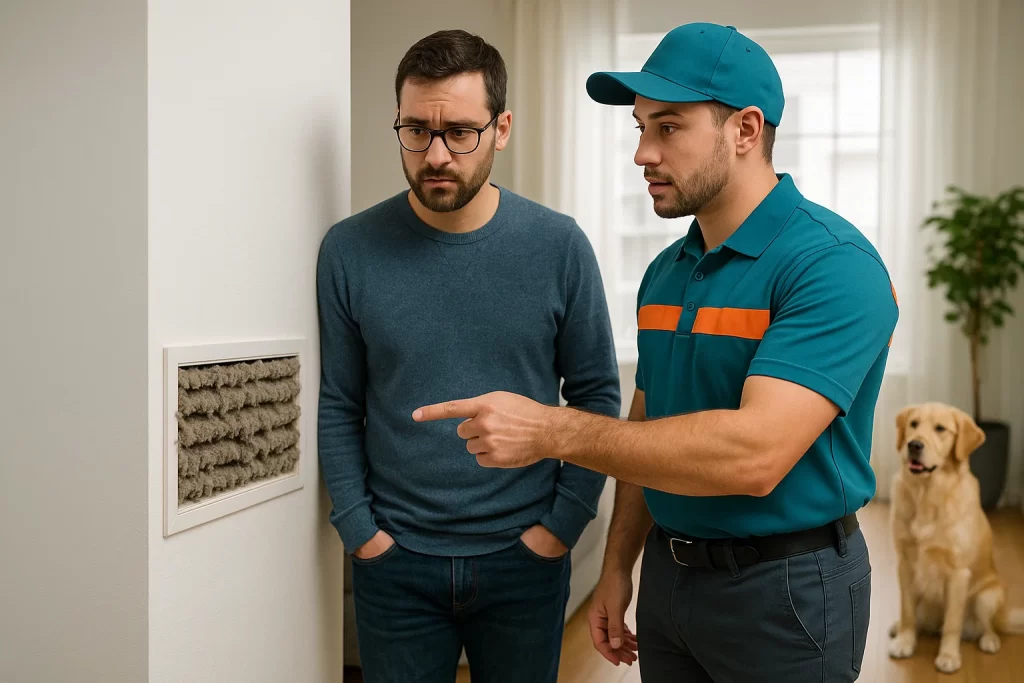 Homeowner and HVAC technician inspecting clean air vent with camera