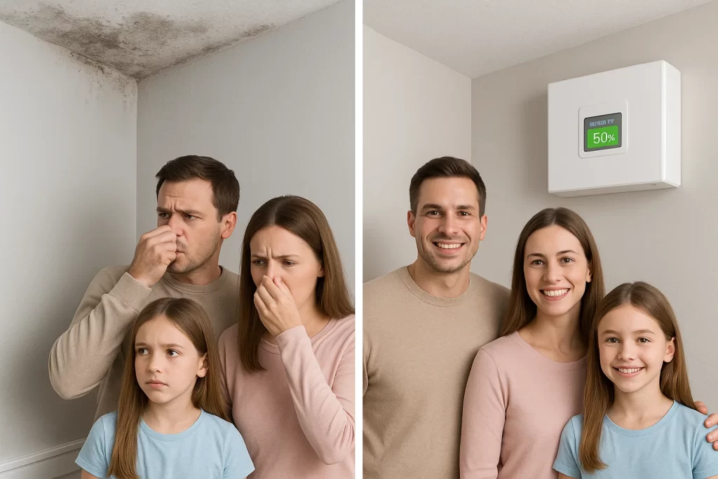 Before‑and‑after: musty damp room vs dry space with dehumidifier installed