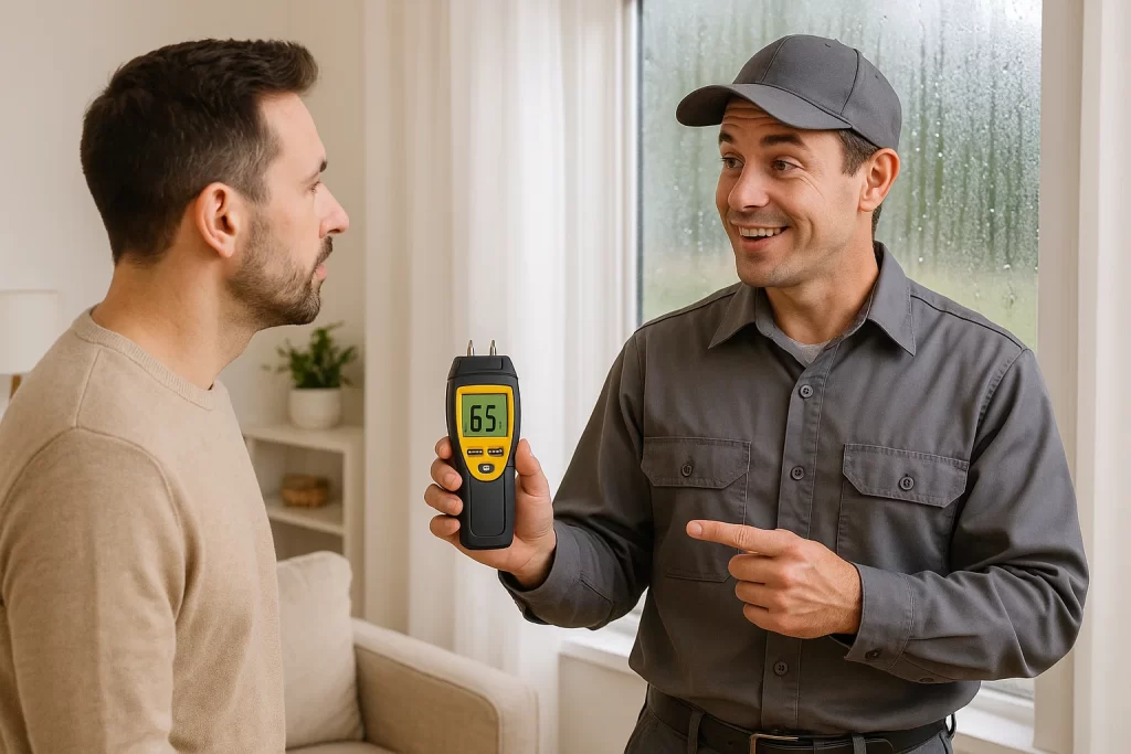 Technician showing homeowner how moisture meter and condensation signal high humidity risks