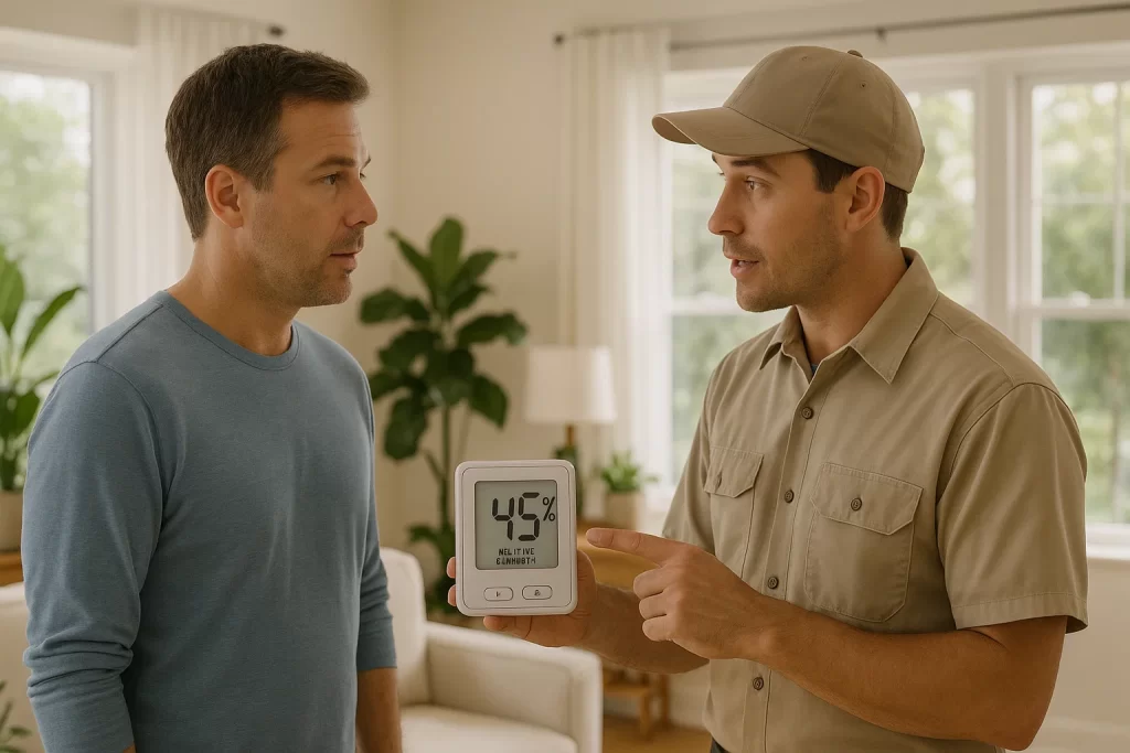Homeowner learning about whole‑house dehumidifier and humidity control in Florida living room.
