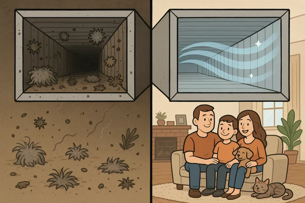 Split-scene dirty vs cleaned duct with fresh air flowing into home
