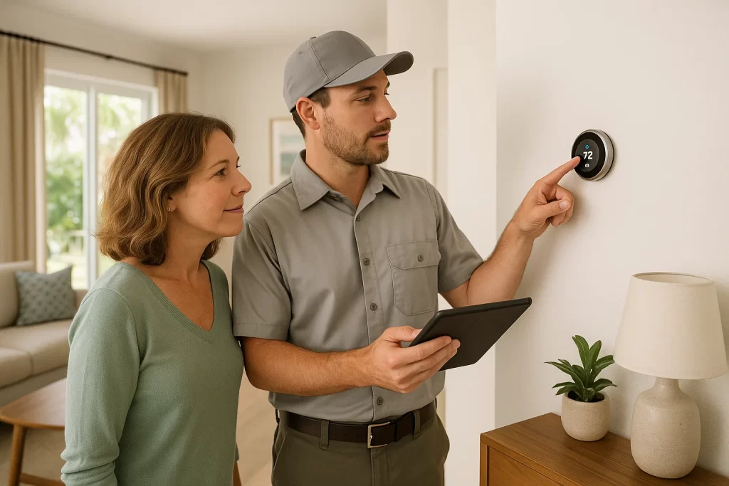 Homeowner and technician adjusting smart thermostat settings together in a modern Florida home