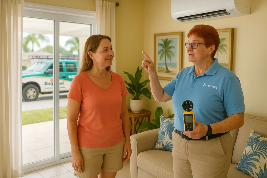 Florida homeowner and HVAC technician inspect indoor air unit and airflow in sunny living room