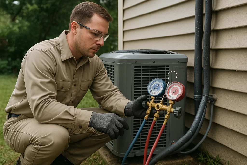 HVAC technician checking refrigerant levels at outdoor unit using manifold gauge in Florida heat