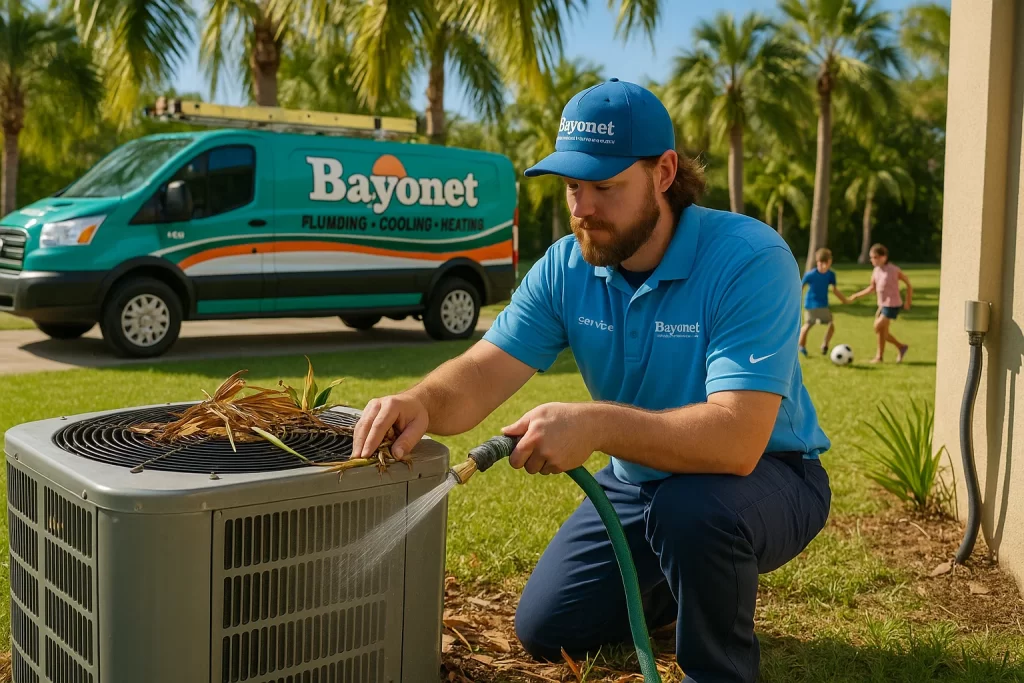 Technician cleaning outdoor AC condenser with hose under Florida sun.