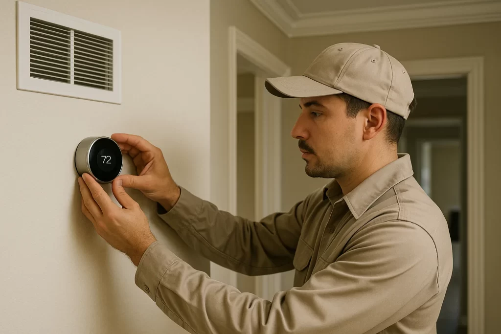 Technician installing smart thermostat on interior wall of Jacksonville home