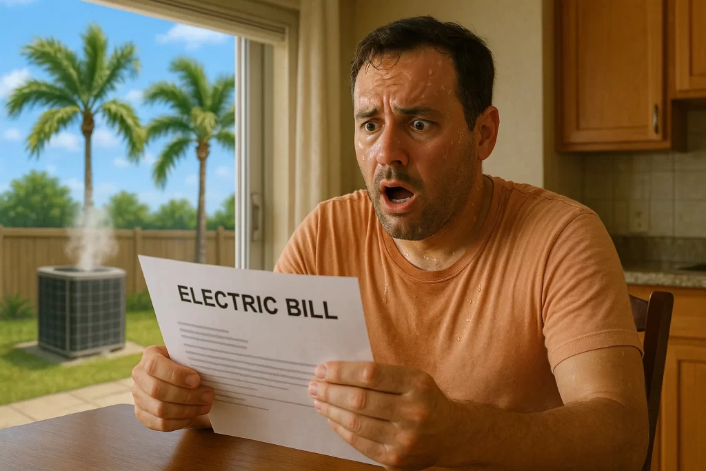 A homeowner sits in his Florida kitchen, sweating and staring at his unusually high electric bill.