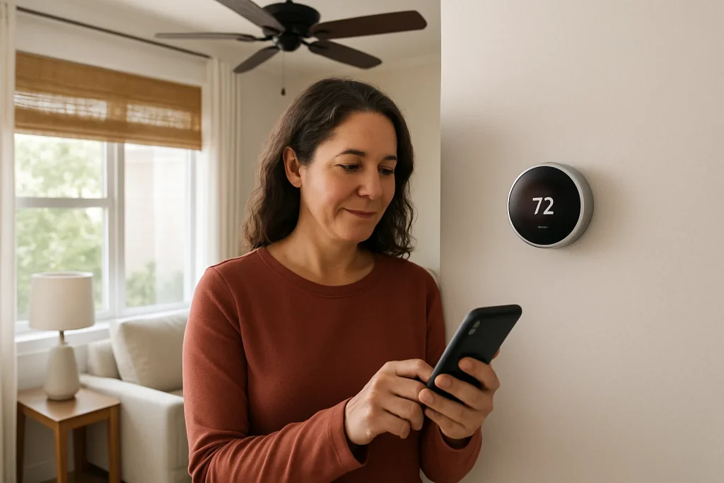 Tampa homeowner adjusting smart thermostat to manage indoor comfort and energy savings