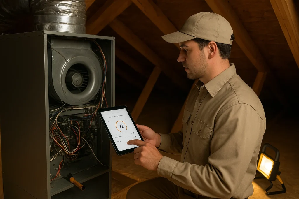 HVAC technician referencing smart thermostat diagnostics during HVAC inspection