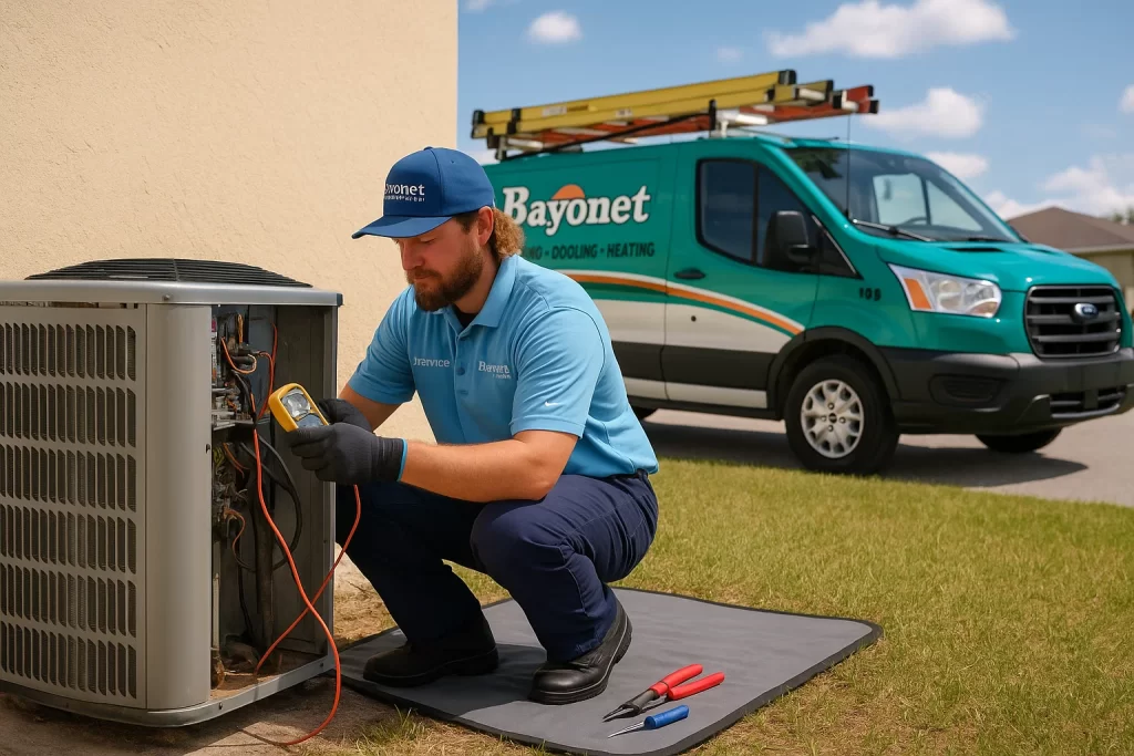 Technician repairs broken outdoor AC unit with multimeter in Florida heat