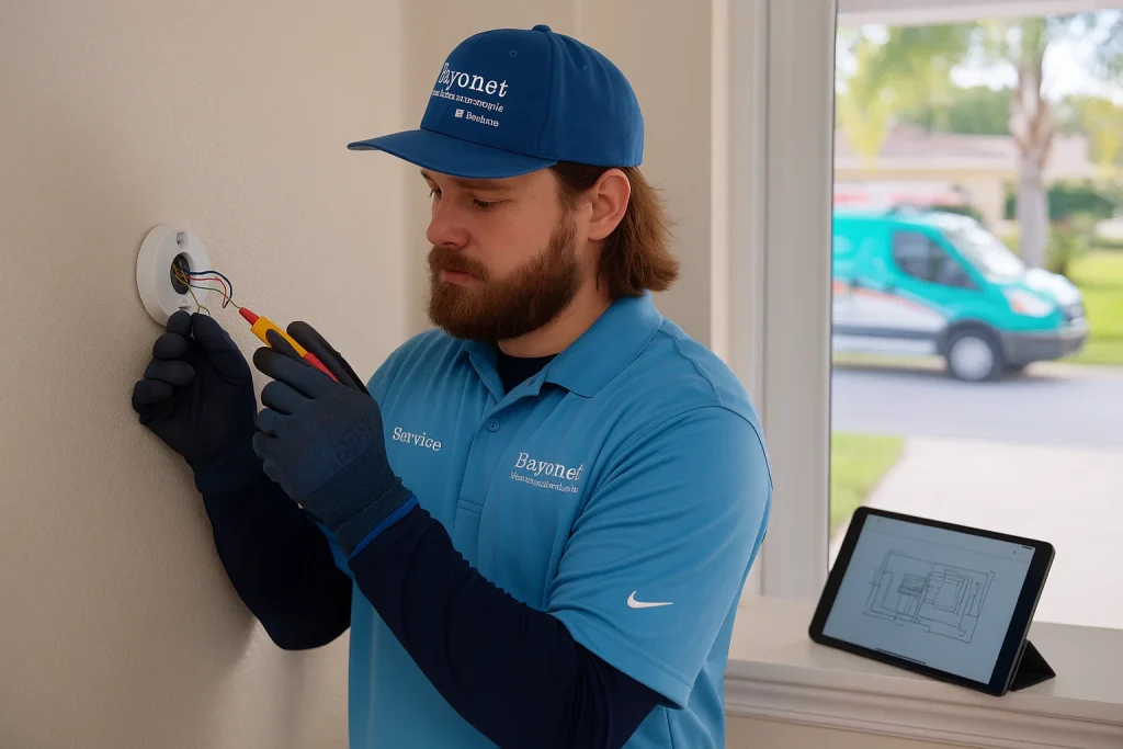 Professional HVAC technician installing smart thermostat correctly in Florida home