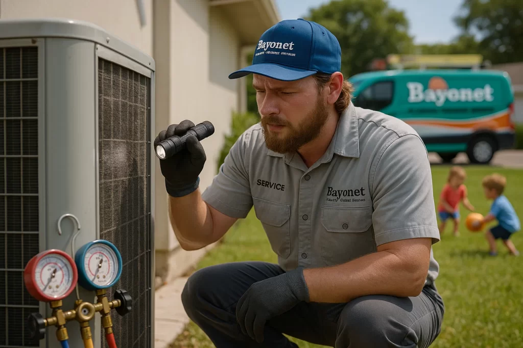 Technician checks clogged condenser coil on outdoor AC unit in Sarasota heat