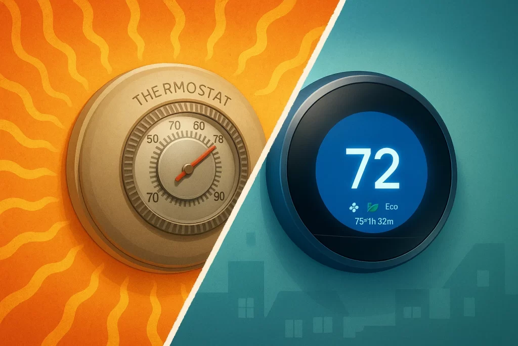 Visual comparison of outdated thermostat versus modern energy-saving smart model