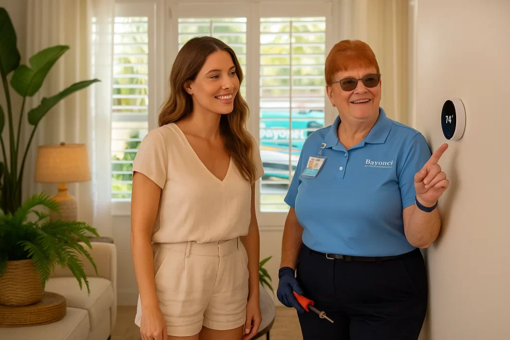 Florida homeowner and HVAC technician review thermostat settings in sunny living room.