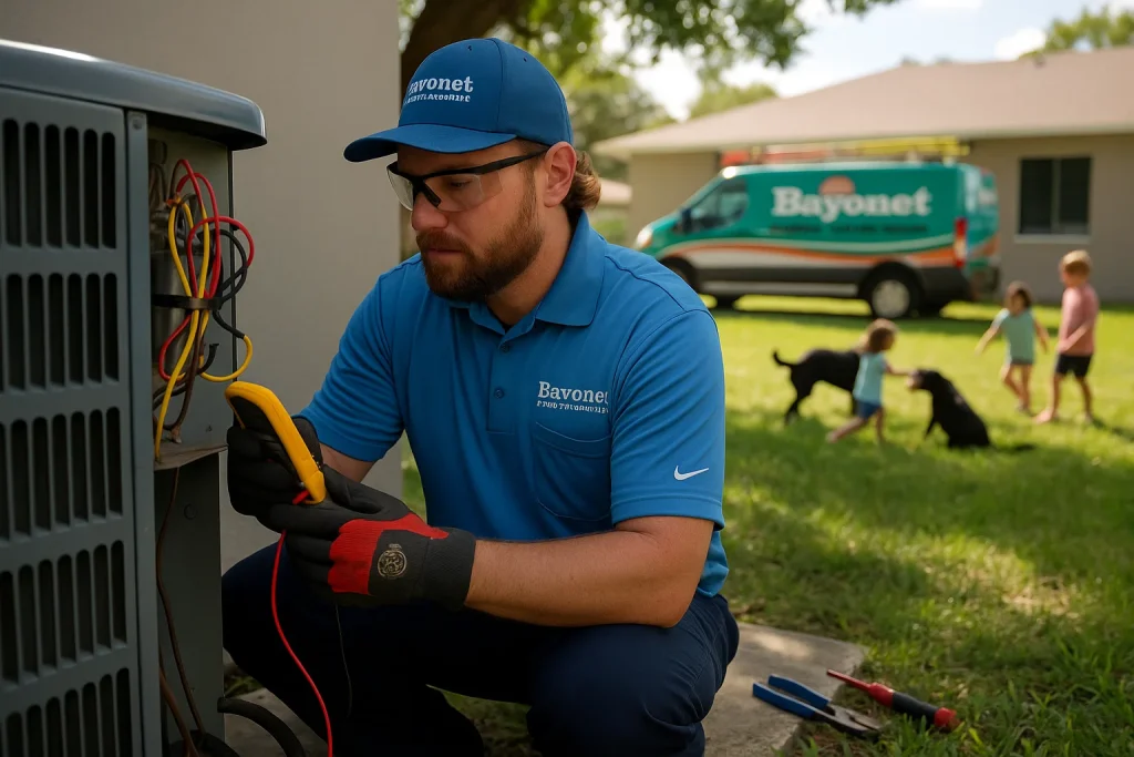 Technician inspecting HVAC electrical components with safety gear and tools in Florida backyard