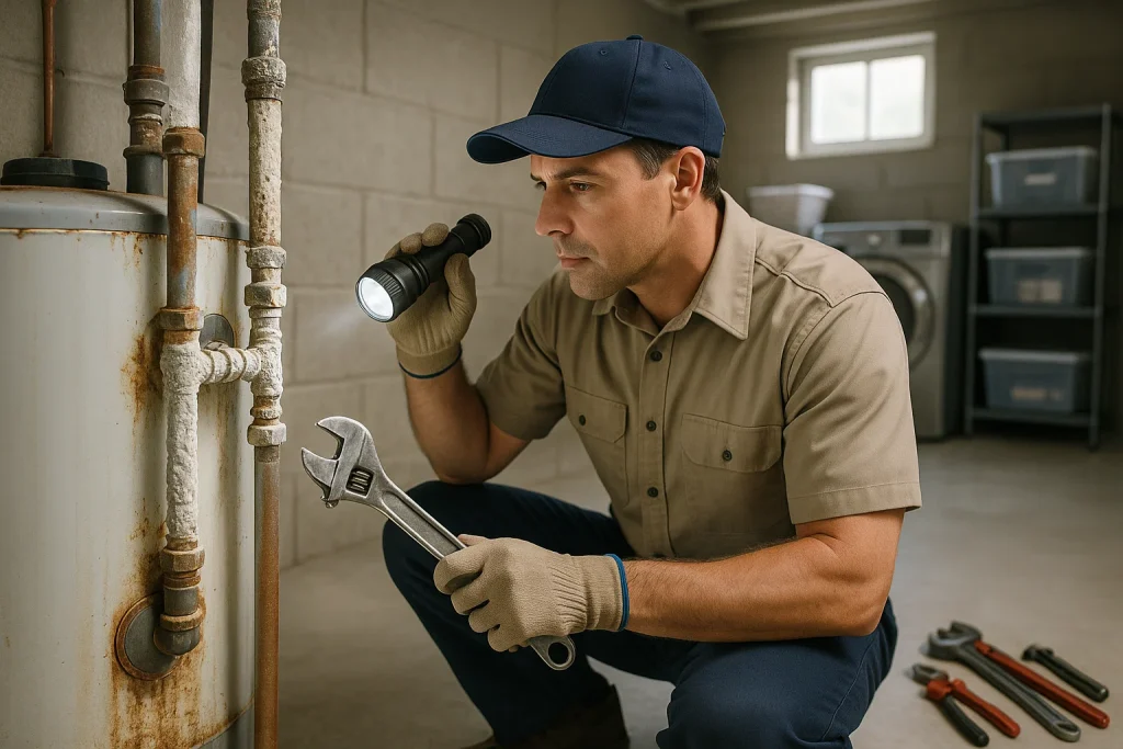Plumber inspecting corroded water heater with signs of hard water buildup