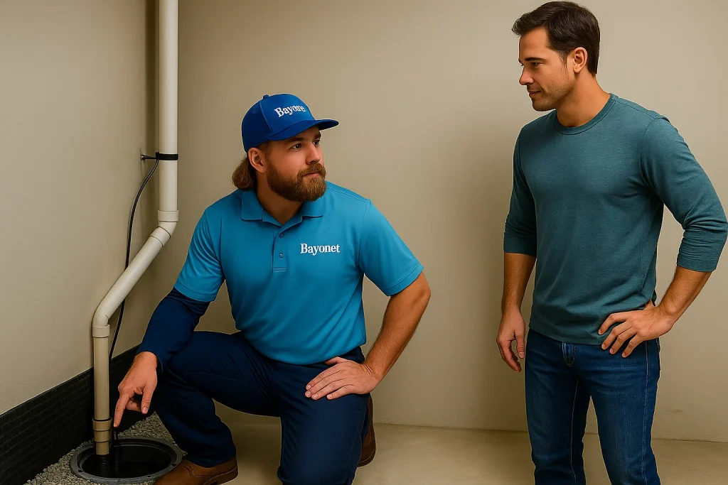 A Bayonet plumber talking to a homeowner about the sump pump in the basement.