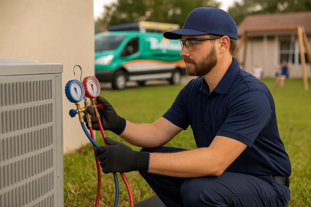 Technician using manifold gauges on Florida outdoor AC unit during refrigerant test