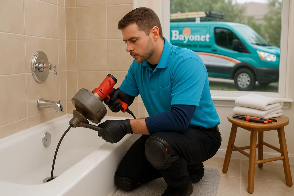 A bayonet plumber sneaking a homeowner's shower drain