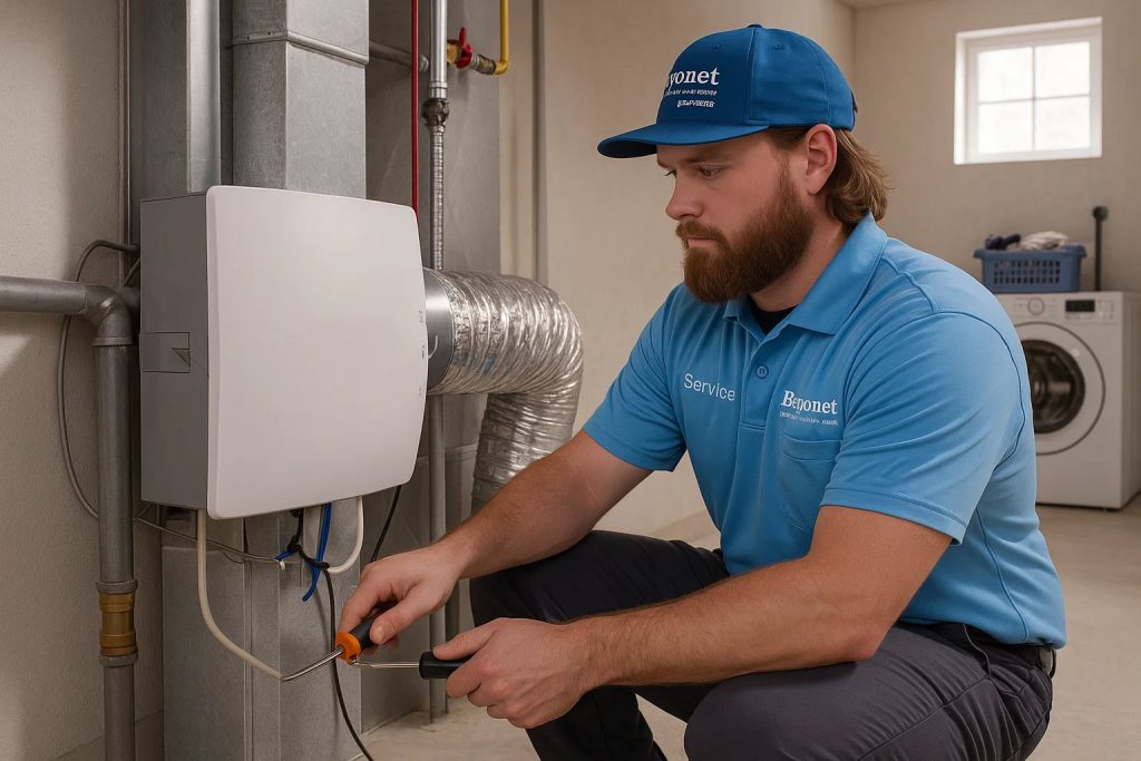 Technician inspecting HVAC whole home IAQ solution in Florida home