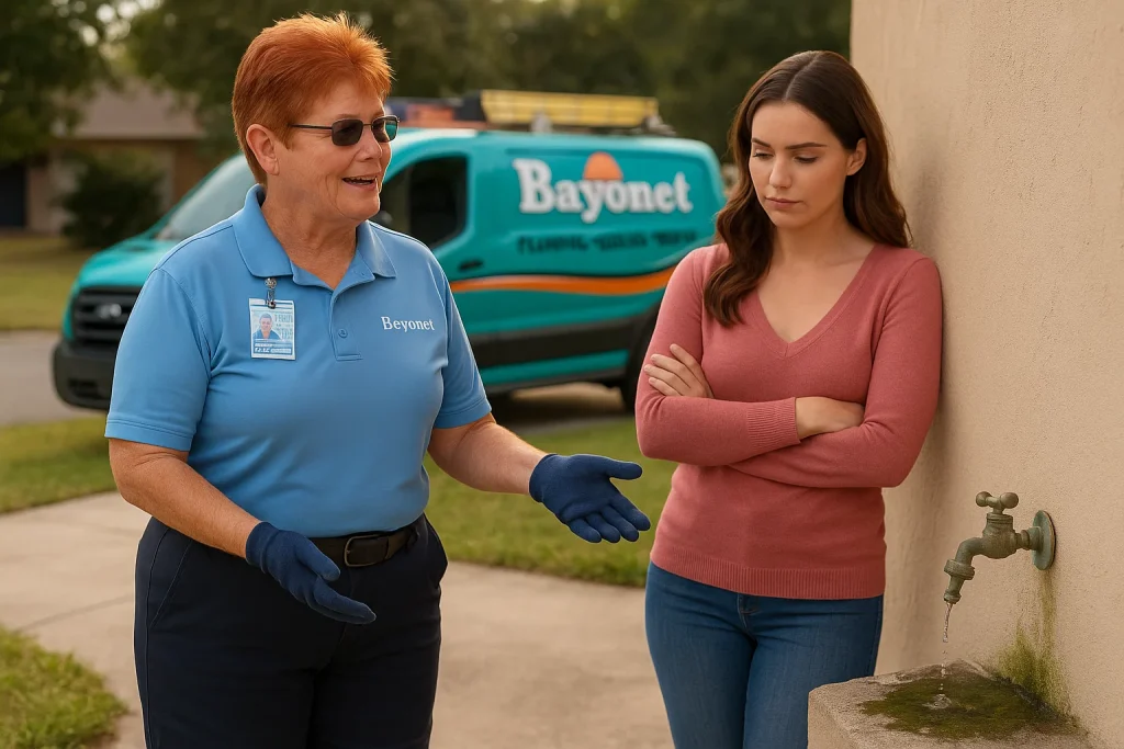 Barnett plumber, explaining the repair of a leaky faucet to a homeowner